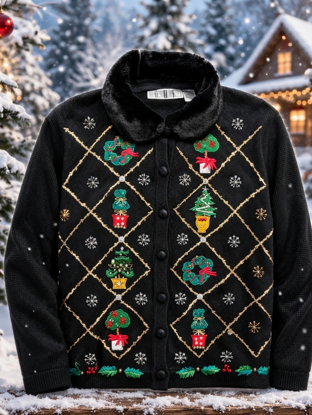 OHI Vintage Christmas Embroidered Cardigan Faux Fur Collar Button Front Size XL